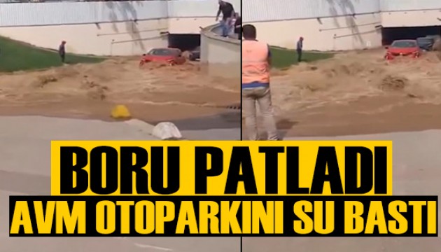 Boru patladı AVM otoparkını su bastı